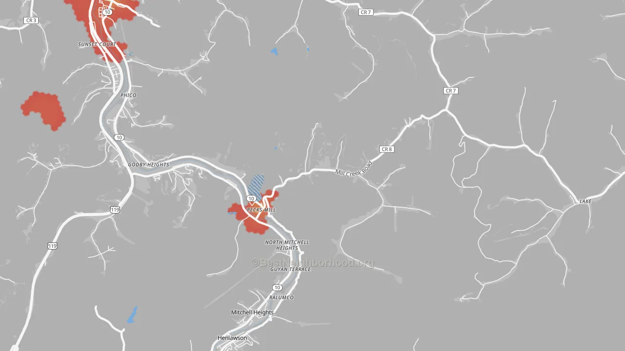 Walk Grade map of Pecks Mill, WV, walkable areas in green and car-dependent areas in red