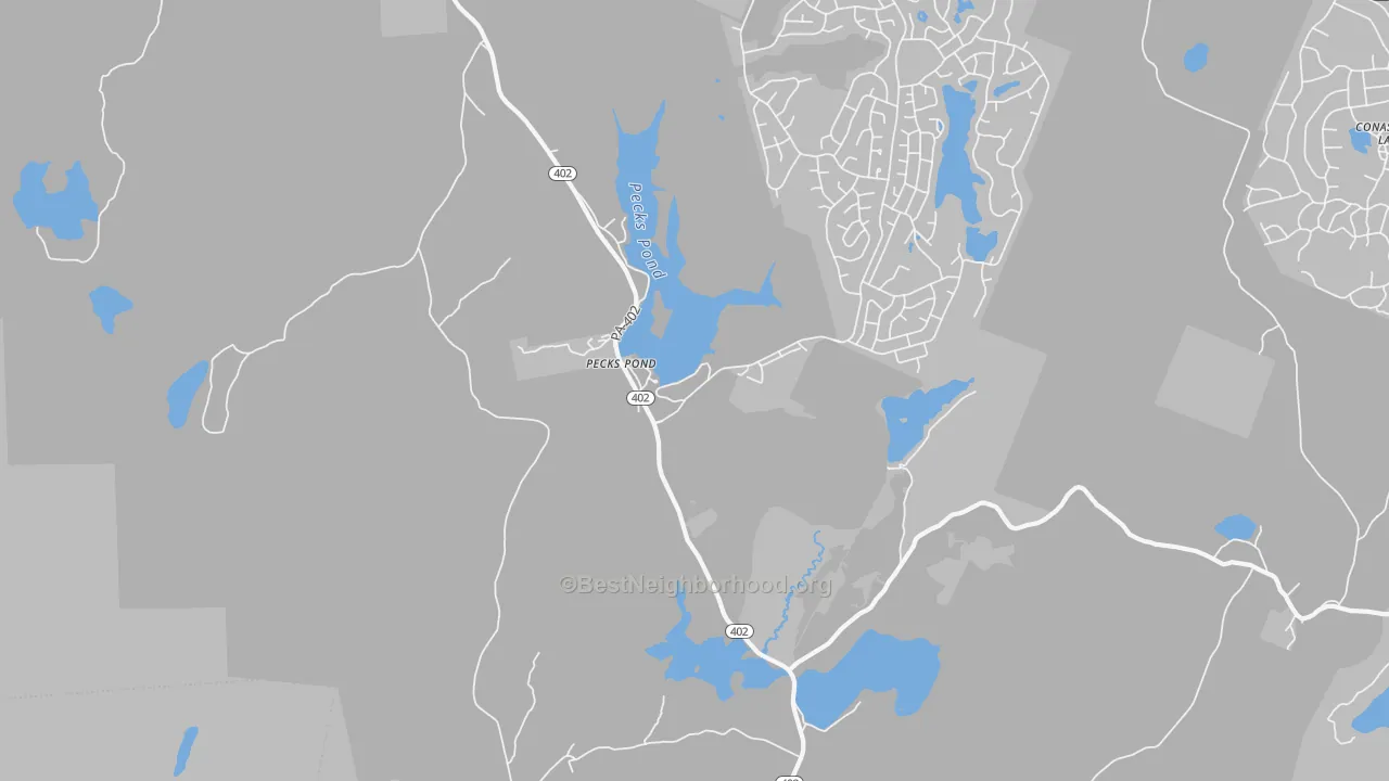 Walk Grade map of Pecks Pond, PA, walkable areas in green and car-dependent areas in red