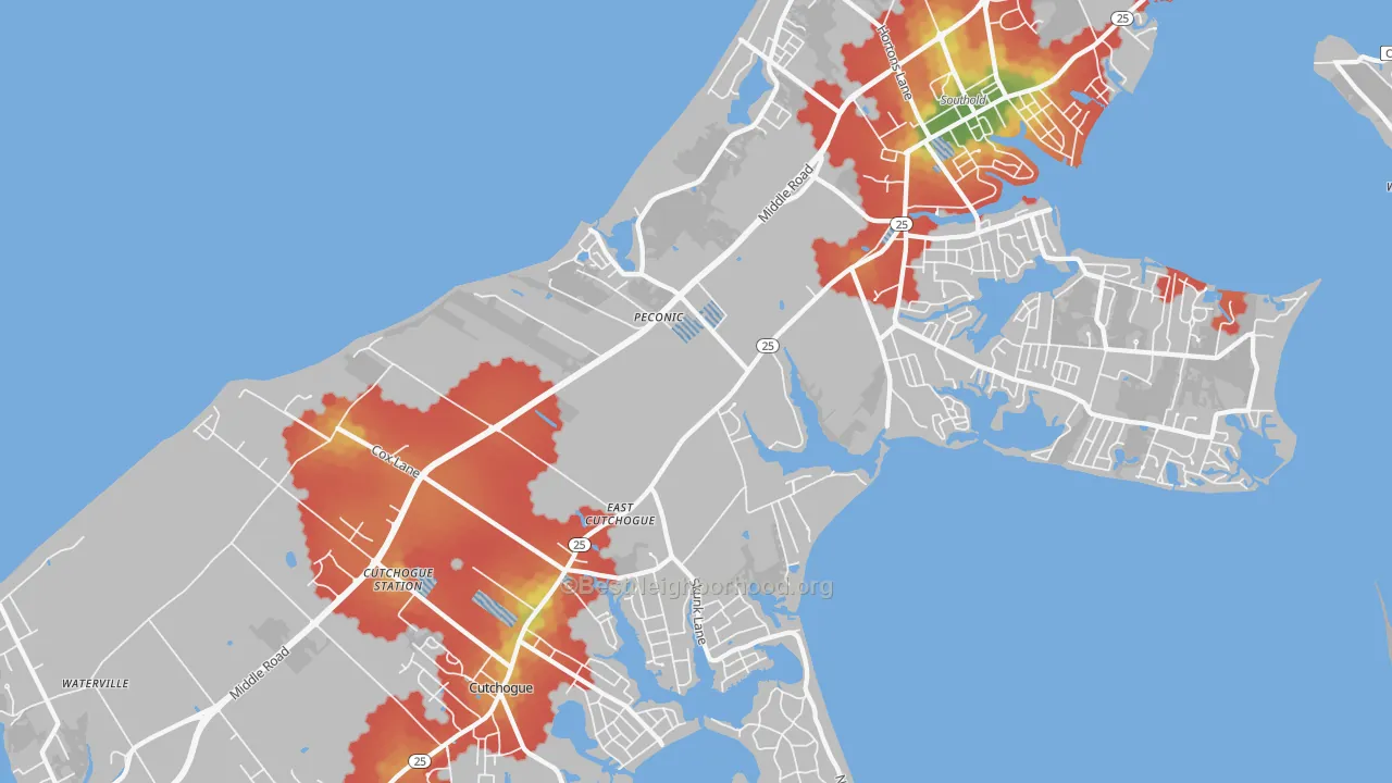 Walk Grade map of Peconic, NY, walkable areas in green and car-dependent areas in red