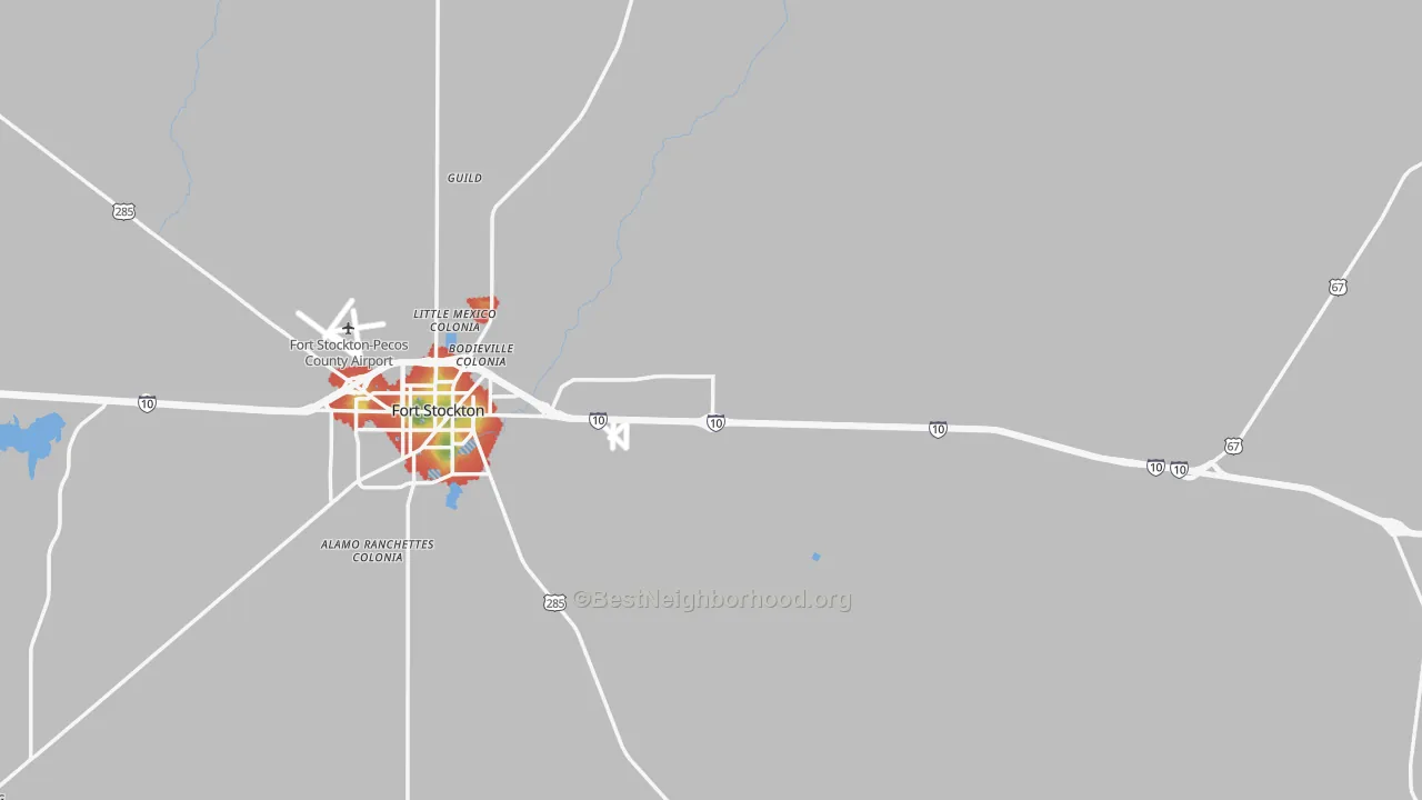 Walk Grade map of Pecos County, TX, walkable areas in green and car-dependent areas in red