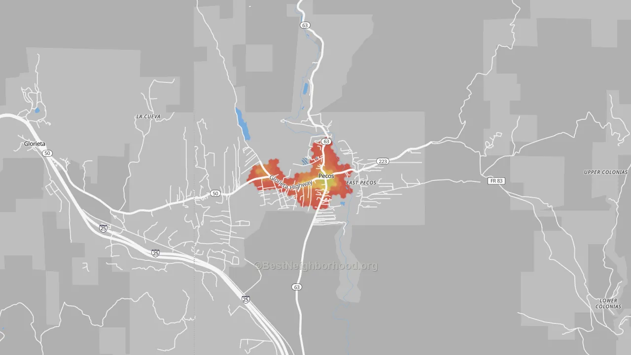 Walk Grade map of Pecos, NM, walkable areas in green and car-dependent areas in red