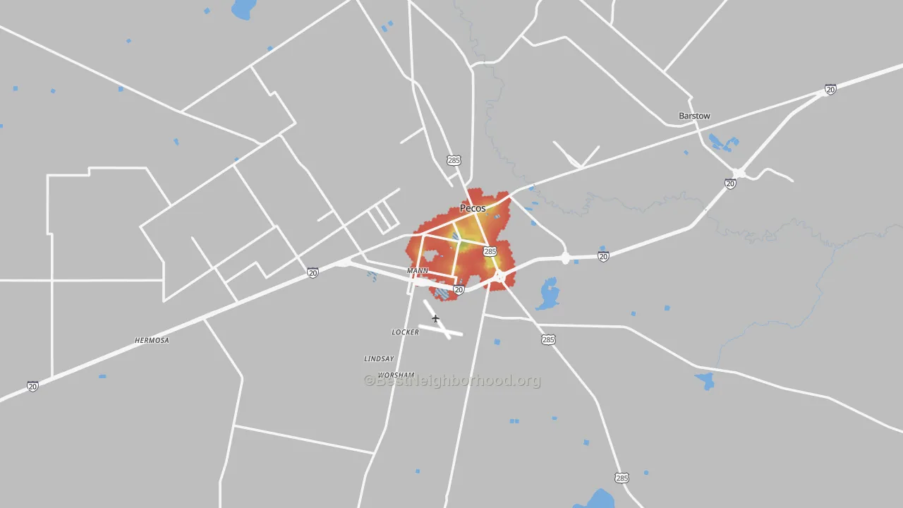Walk Grade map of Pecos, TX, walkable areas in green and car-dependent areas in red