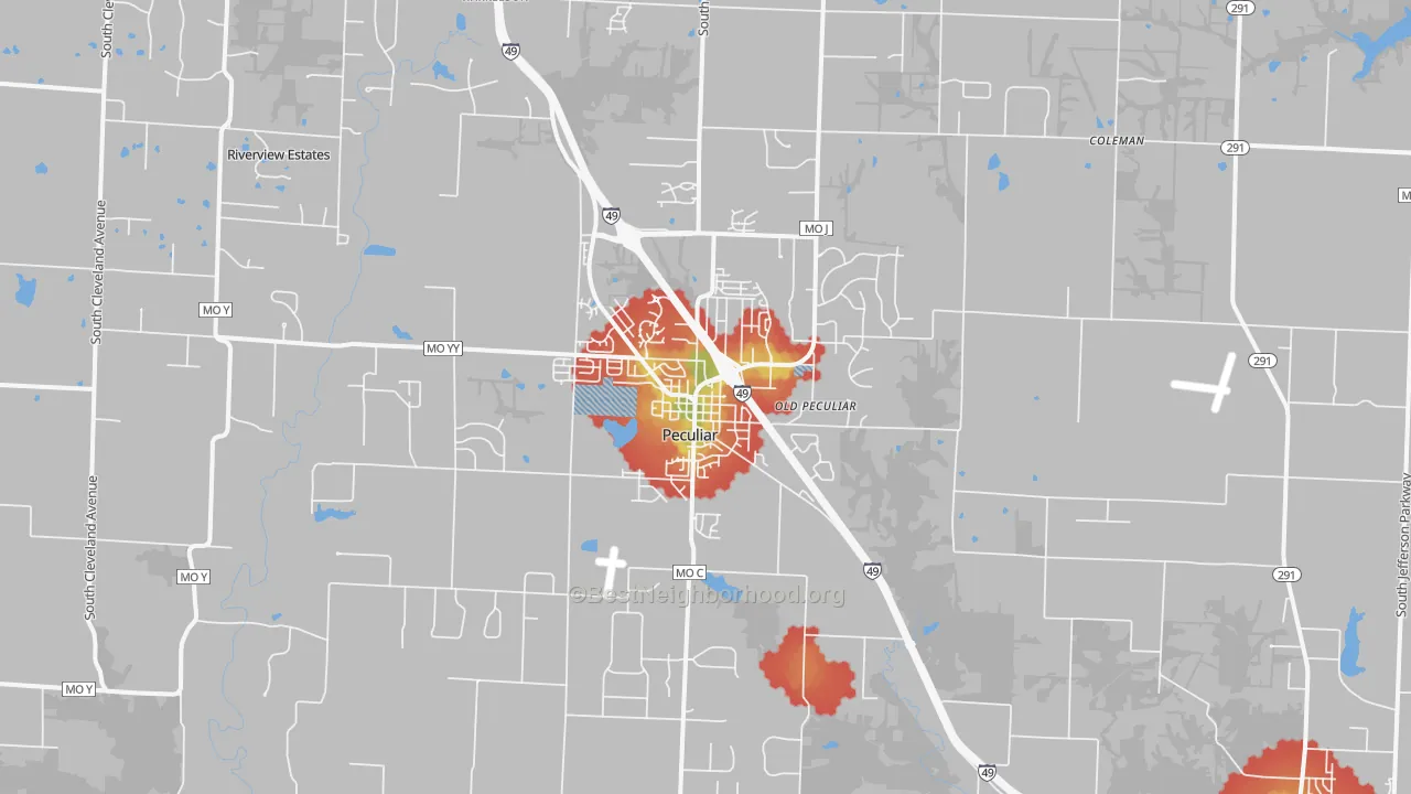Walk Grade map of Peculiar, MO, walkable areas in green and car-dependent areas in red