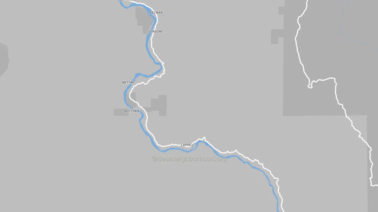 Walk Grade map of Pecwan, CA, walkable areas in green and car-dependent areas in red