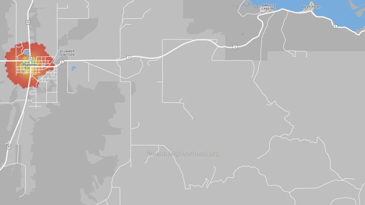 Walk Grade map of Pedee, ID, walkable areas in green and car-dependent areas in red