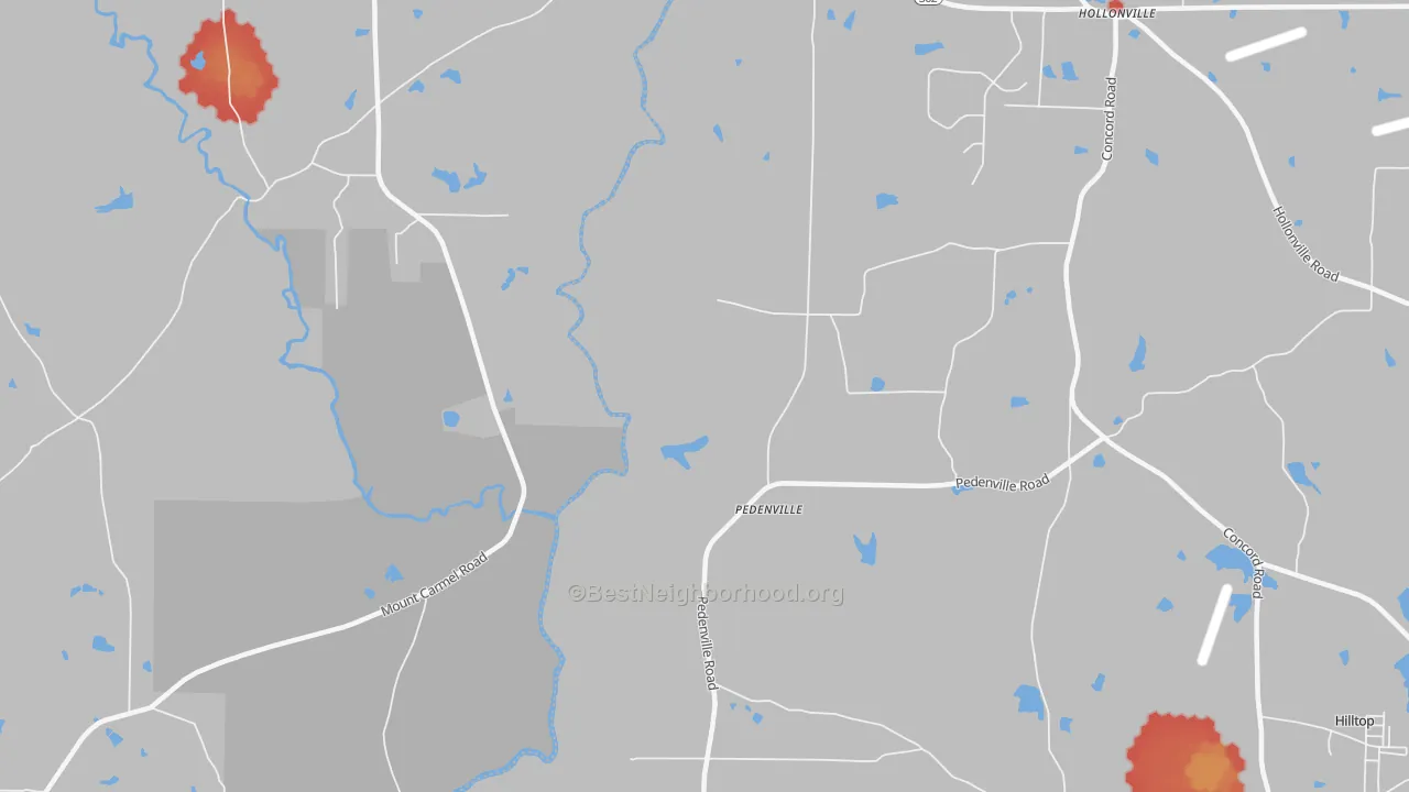Walk Grade map of Pedenville, GA, walkable areas in green and car-dependent areas in red