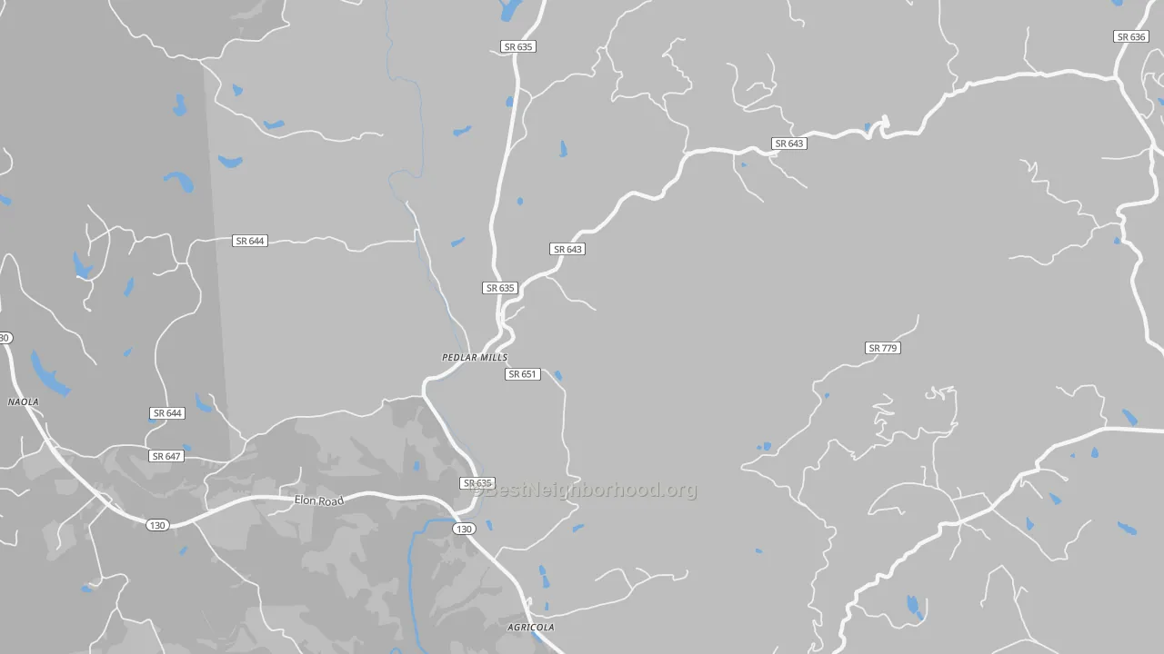 Walk Grade map of Pedlar Mills, VA, walkable areas in green and car-dependent areas in red
