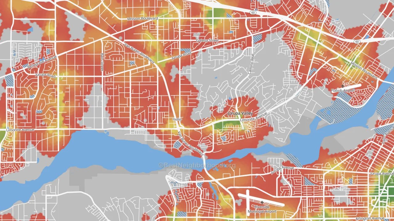 Walk Grade map of Pedley, CA, walkable areas in green and car-dependent areas in red