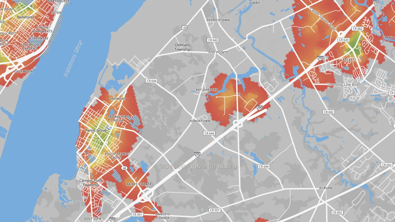 Walk Grade map of Pedricktown, NJ, walkable areas in green and car-dependent areas in red