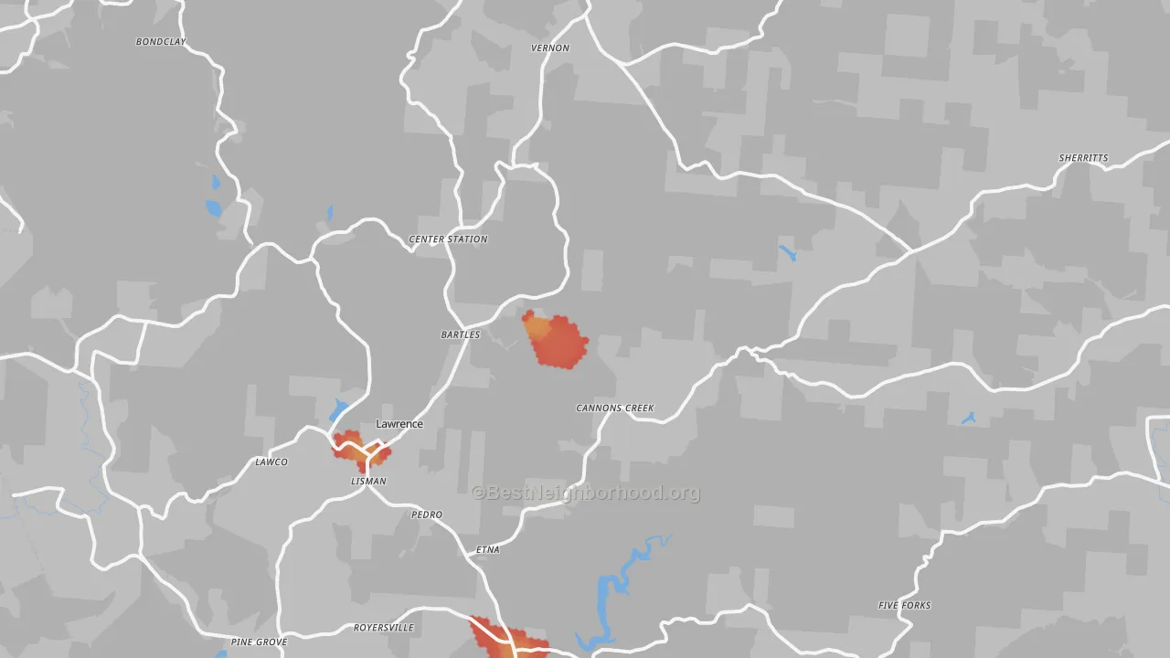 Walk Grade map of Pedro, OH, walkable areas in green and car-dependent areas in red
