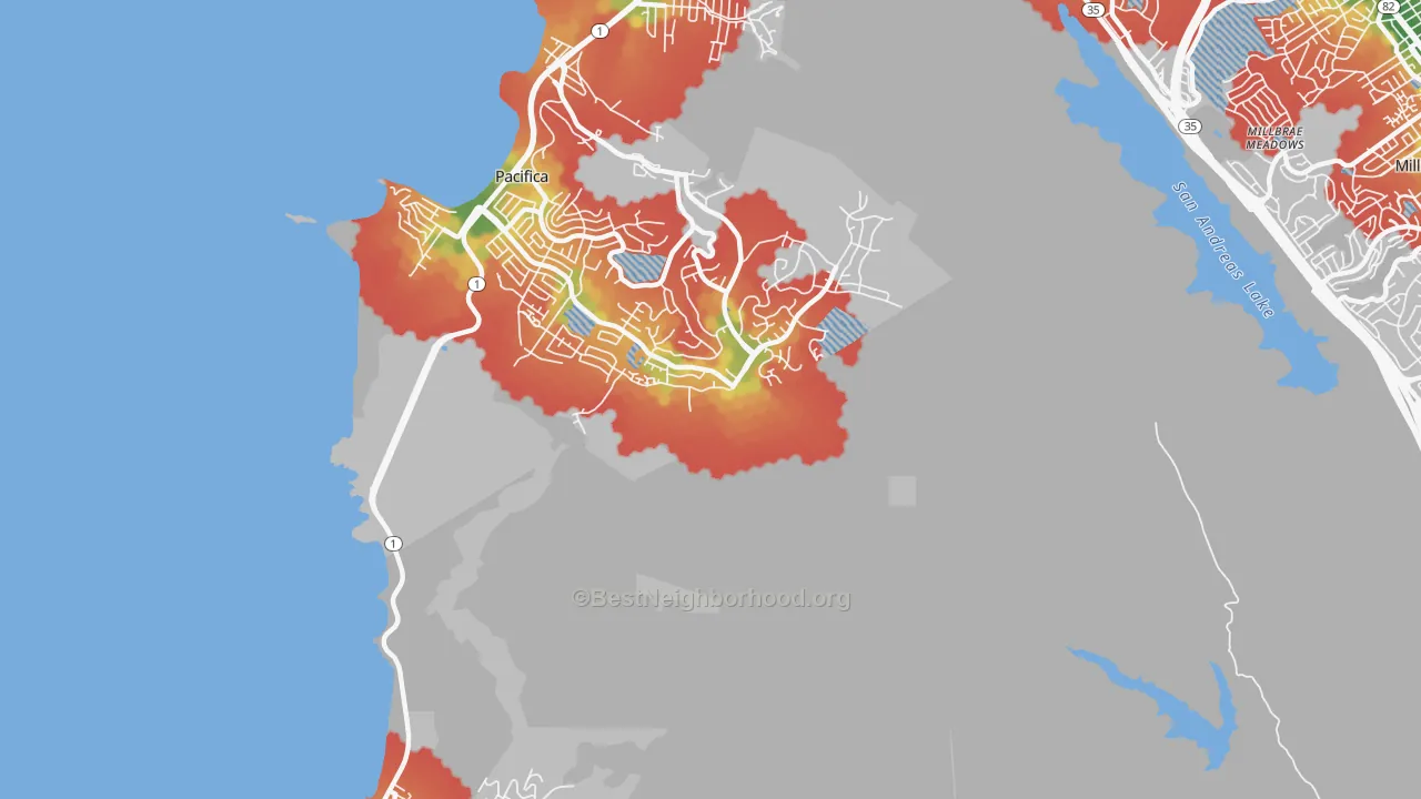 Walk Grade map of Pedro Valley, CA, walkable areas in green and car-dependent areas in red