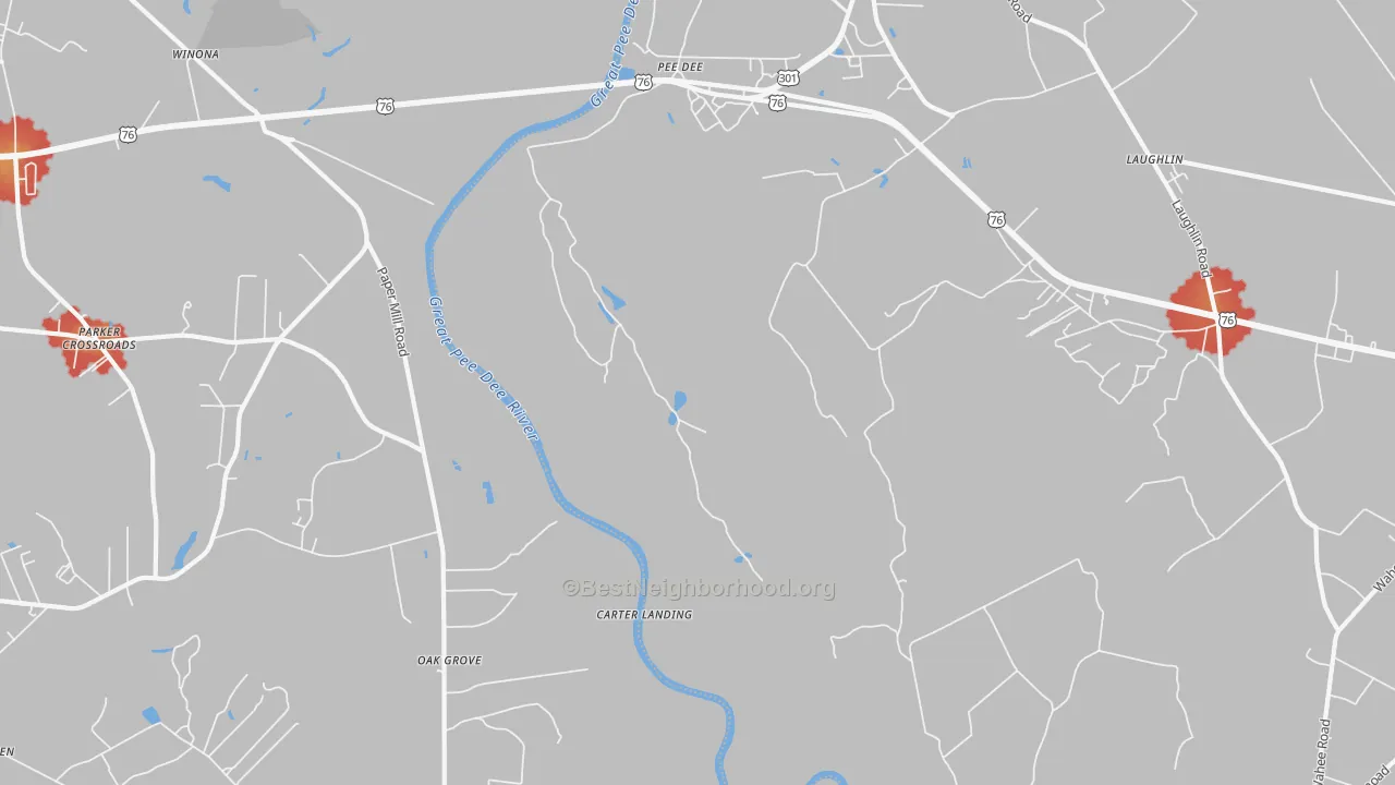 Walk Grade map of Pee Dee, SC, walkable areas in green and car-dependent areas in red