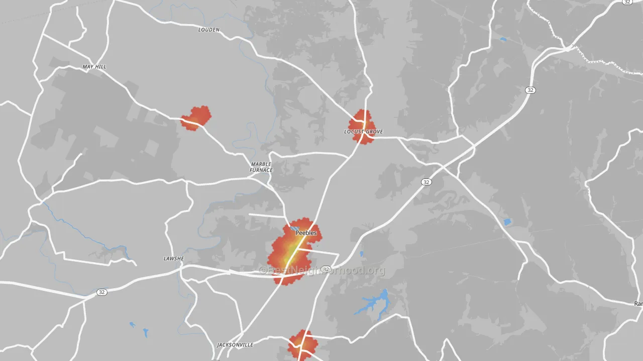Walk Grade map of Peebles, OH, walkable areas in green and car-dependent areas in red