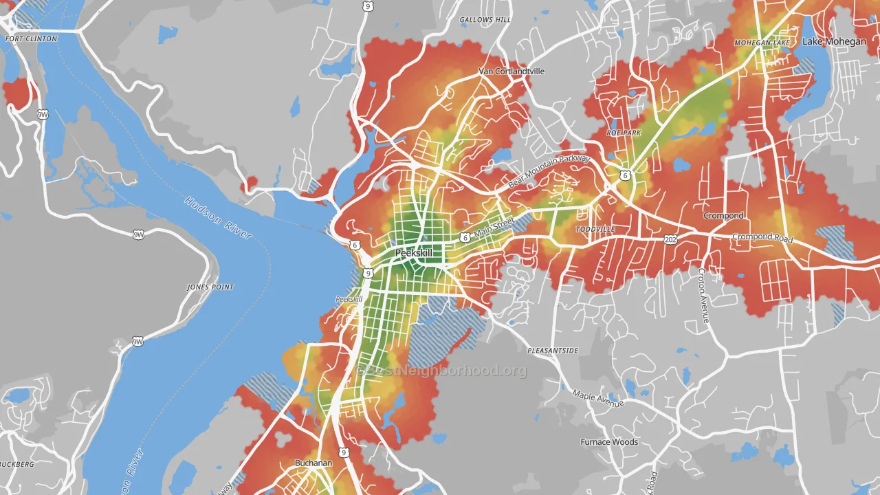 Walk Grade map of Peekskill, NY, walkable areas in green and car-dependent areas in red