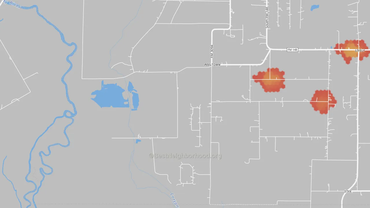 Walk Grade map of Peeltown, TX, walkable areas in green and car-dependent areas in red