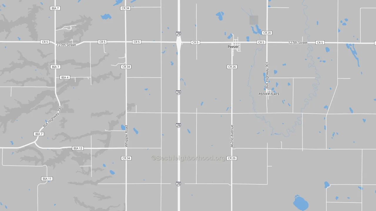 Walk Grade map of Peever, SD, walkable areas in green and car-dependent areas in red