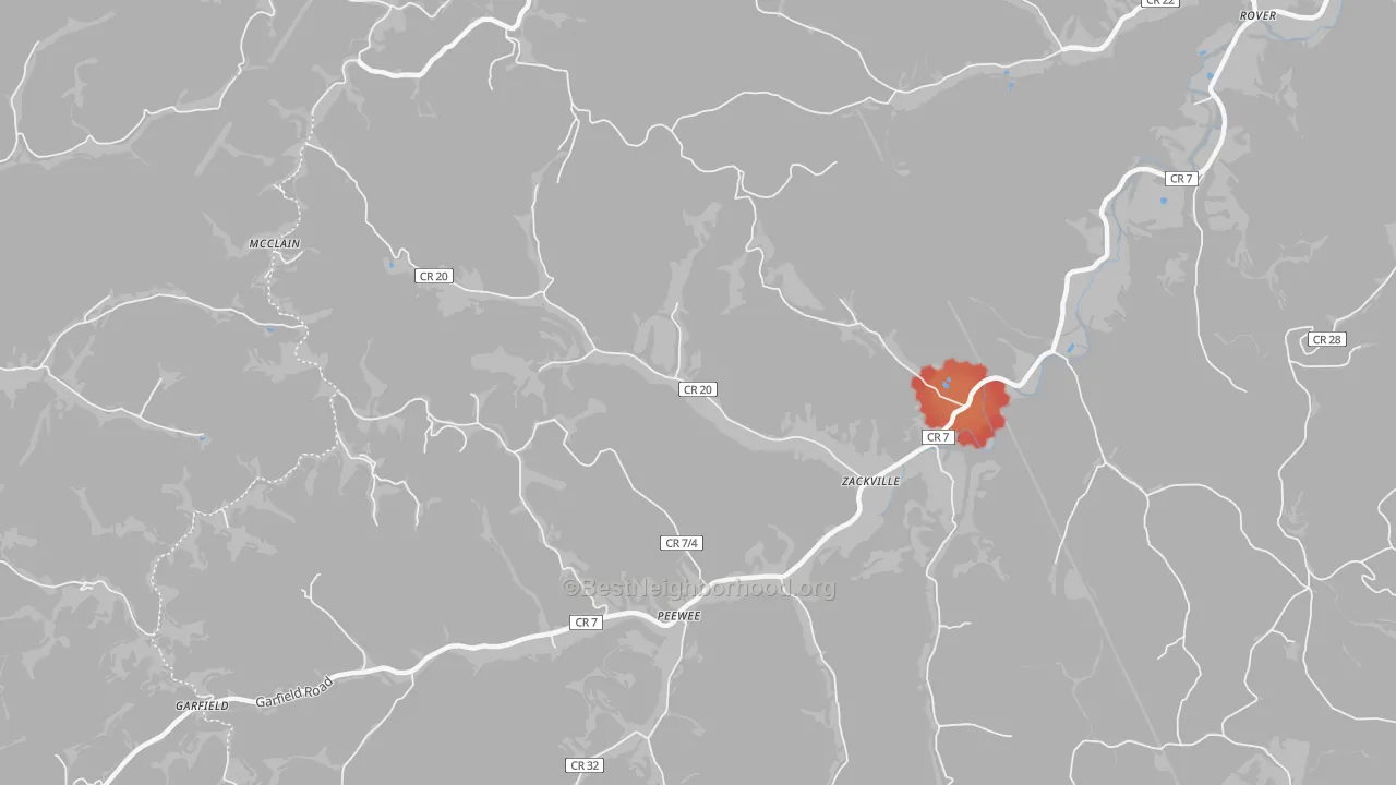 Walk Grade map of Peewee, WV, walkable areas in green and car-dependent areas in red