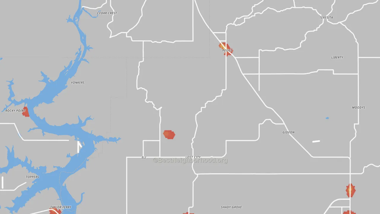Walk Grade map of Peggs, OK, walkable areas in green and car-dependent areas in red
