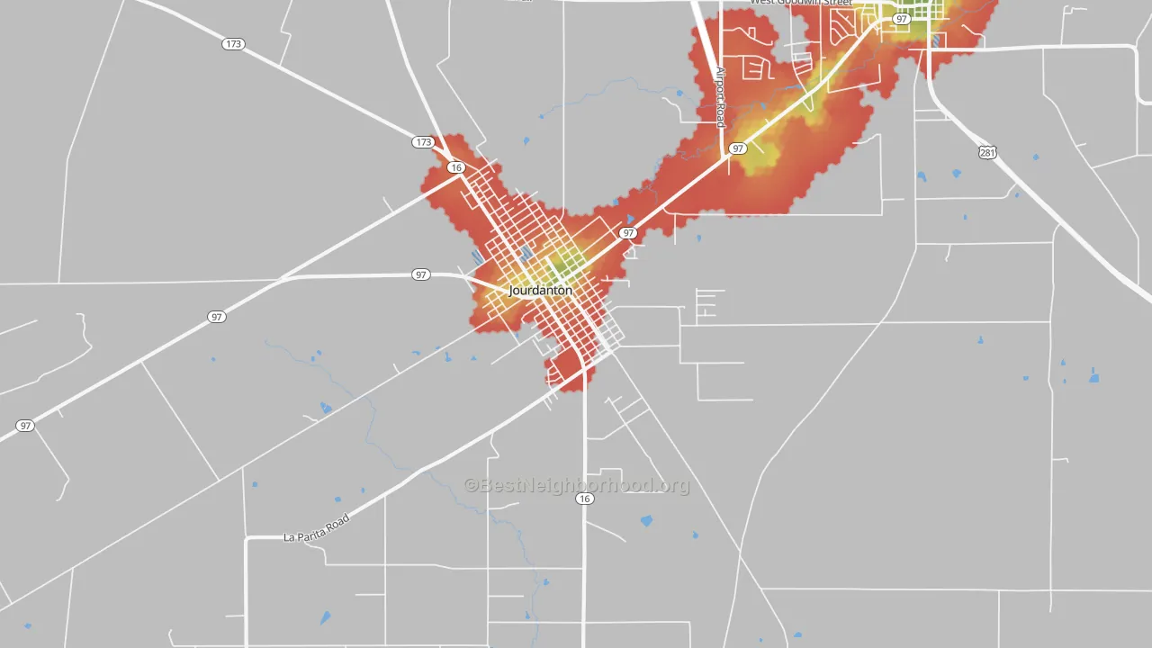 Walk Grade map of Peggy, TX, walkable areas in green and car-dependent areas in red