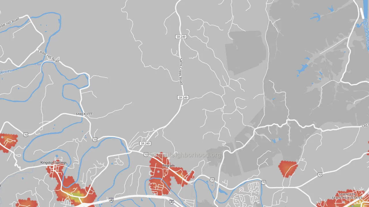 Walk Grade map of Pegram, TN, walkable areas in green and car-dependent areas in red