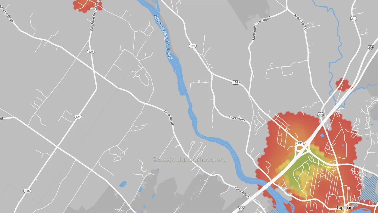 Walk Grade map of Pejepscot, ME, walkable areas in green and car-dependent areas in red