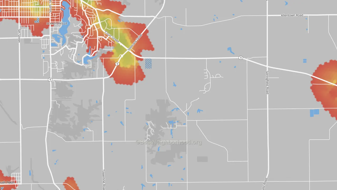 Walk Grade map of Pekin Heights, IL, walkable areas in green and car-dependent areas in red