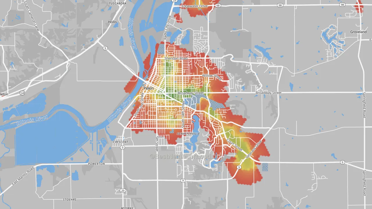 Walk Grade map of Pekin, IL, walkable areas in green and car-dependent areas in red