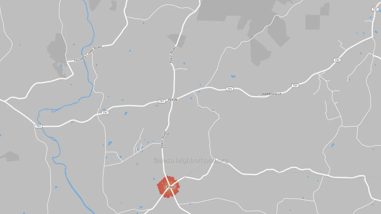 Walk Grade map of Pekin, NC, walkable areas in green and car-dependent areas in red