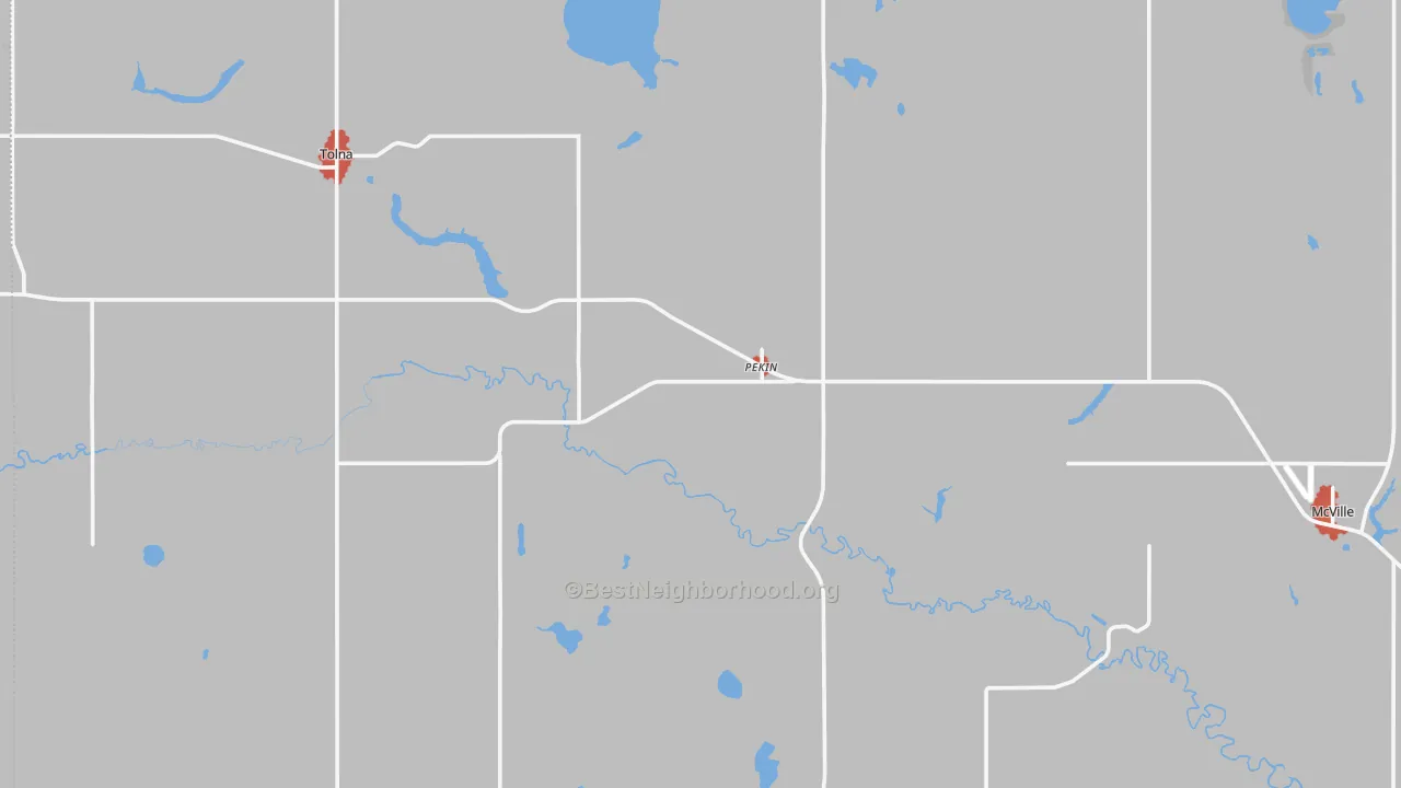 Walk Grade map of Pekin, ND, walkable areas in green and car-dependent areas in red