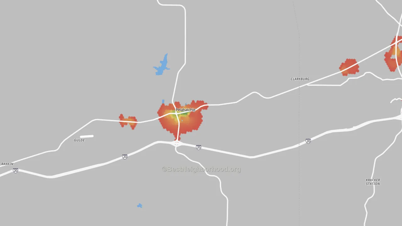 Walk Grade map of Pelahatchie, MS, walkable areas in green and car-dependent areas in red