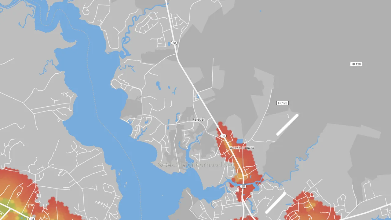 Walk Grade map of Peletier, NC, walkable areas in green and car-dependent areas in red