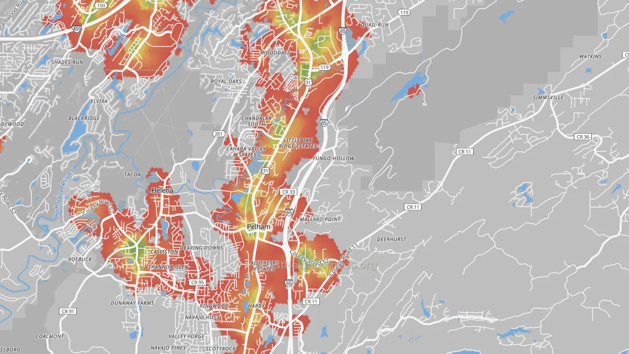 Walk Grade map of Pelham, AL, walkable areas in green and car-dependent areas in red