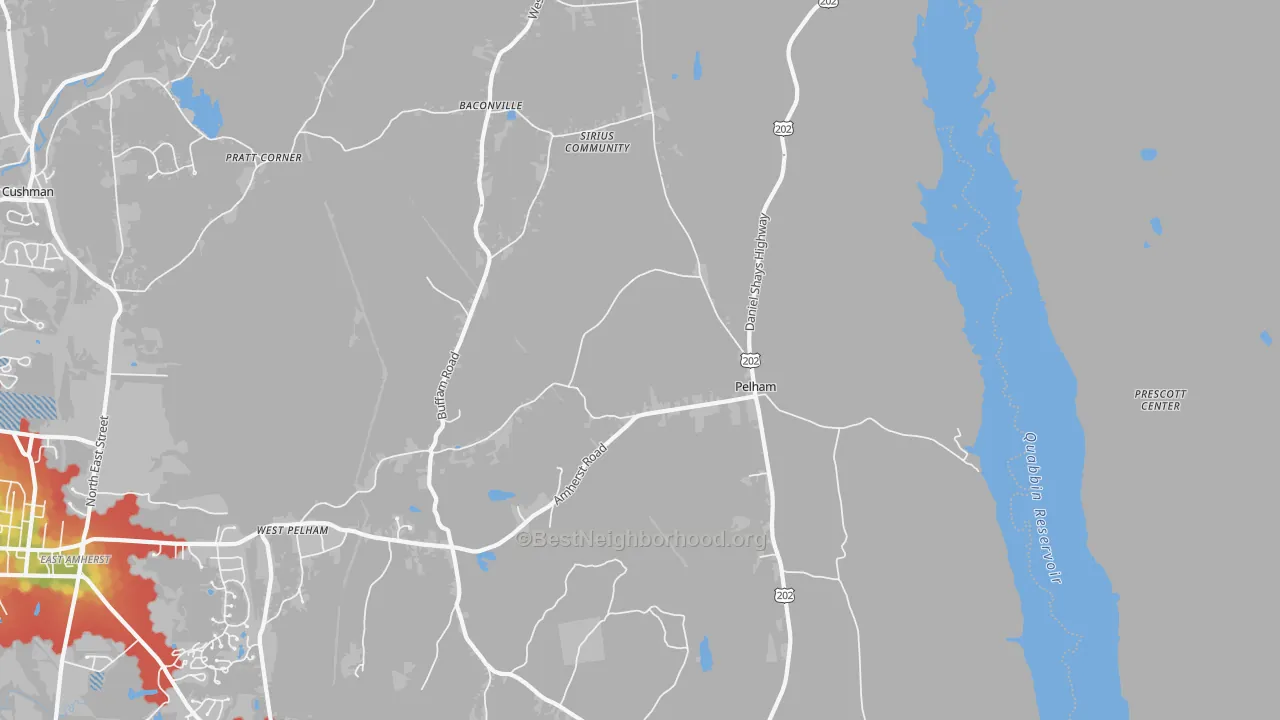 Walk Grade map of Pelham, MA, walkable areas in green and car-dependent areas in red