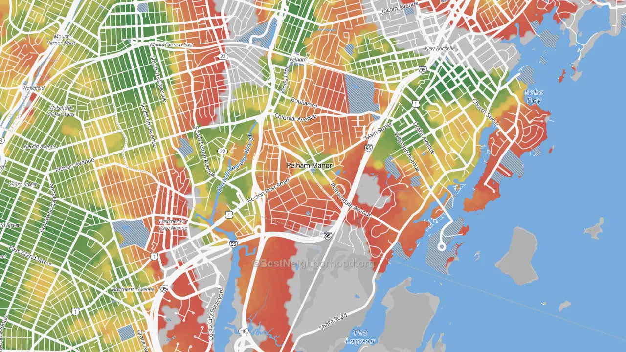 Walk Grade map of Pelham Manor, NY, walkable areas in green and car-dependent areas in red