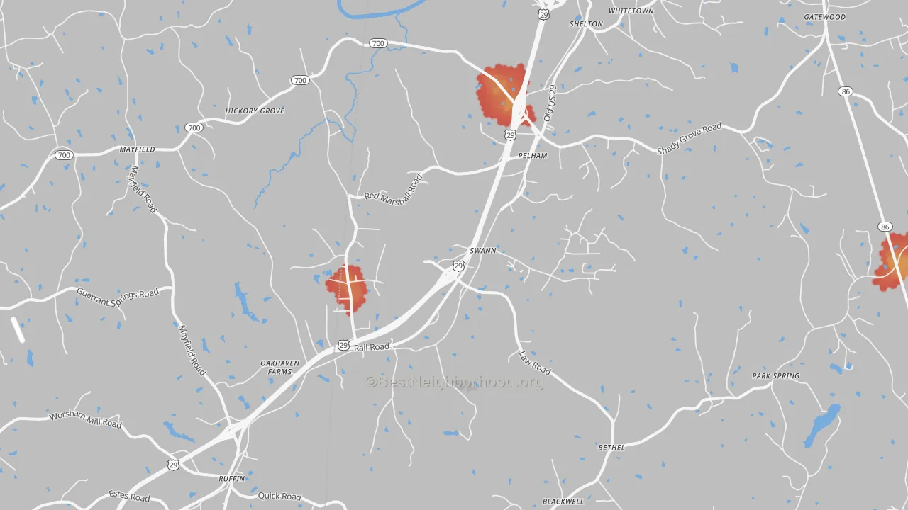 Walk Grade map of Pelham, NC, walkable areas in green and car-dependent areas in red