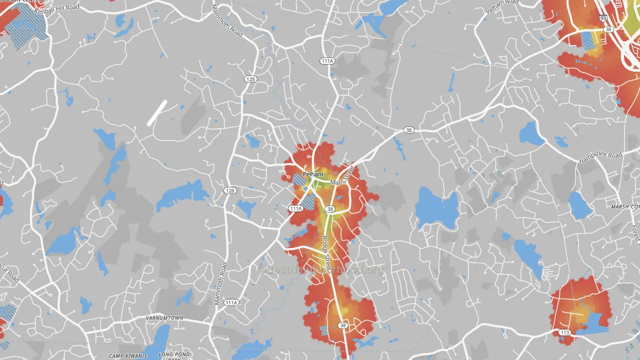 Walk Grade map of Pelham, NH, walkable areas in green and car-dependent areas in red