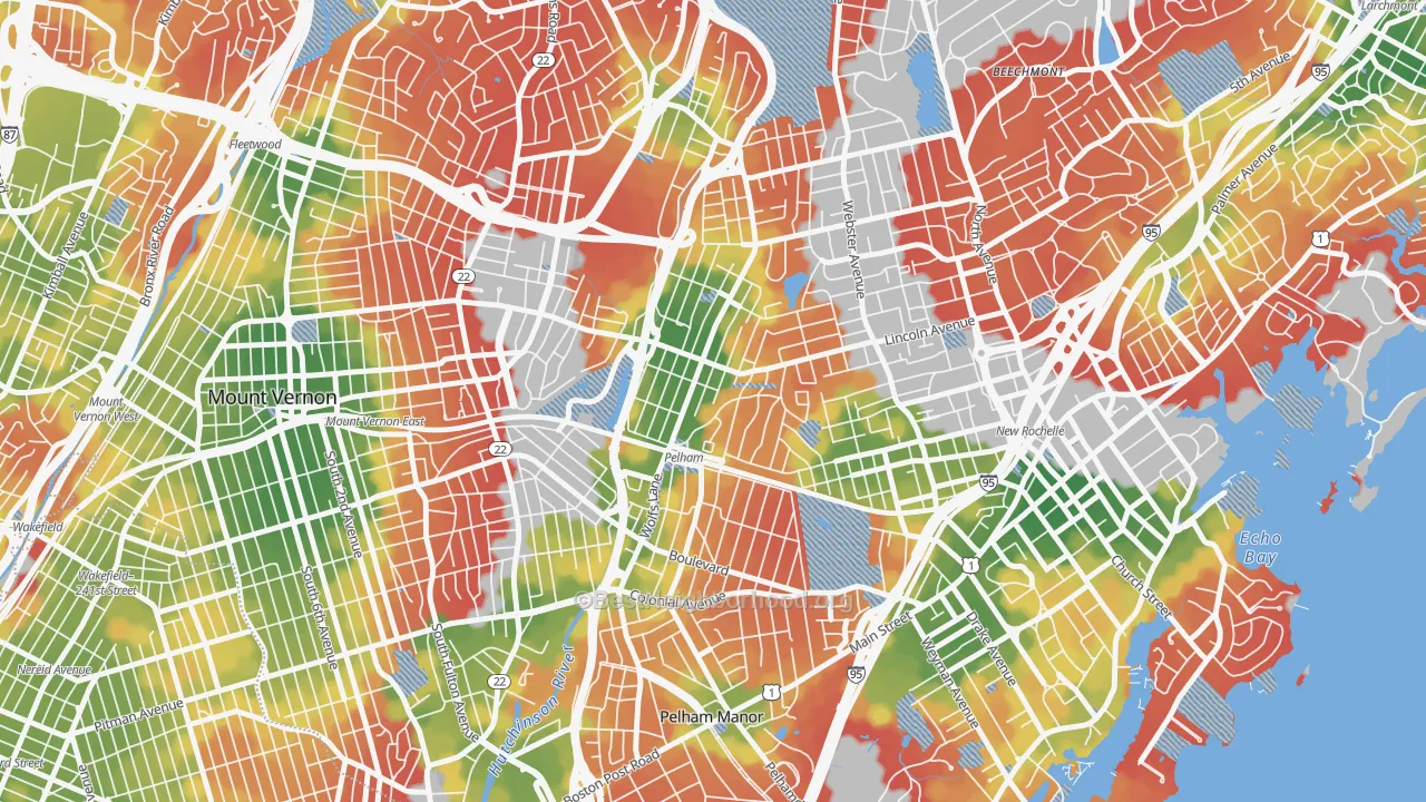 Walk Grade map of Pelham, NY, walkable areas in green and car-dependent areas in red
