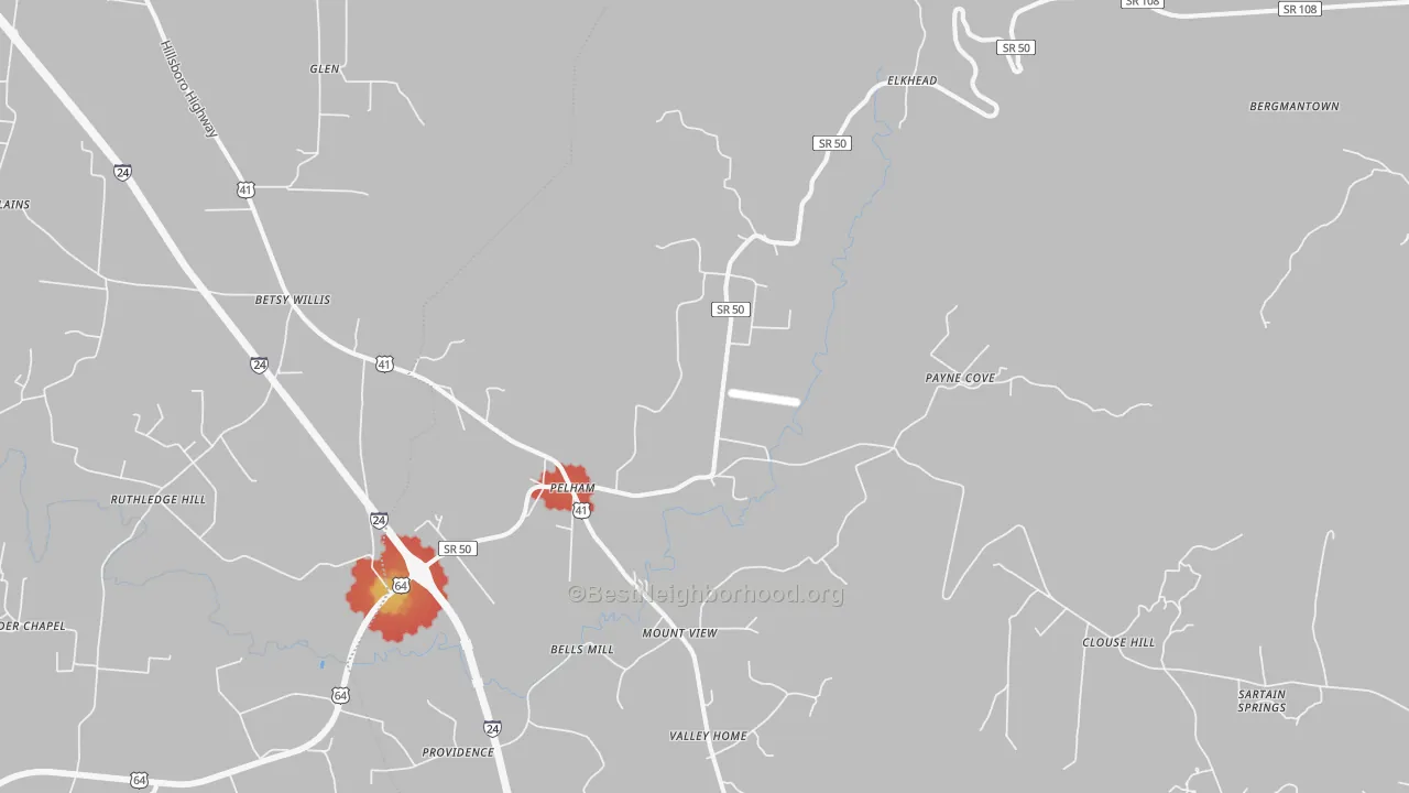 Walk Grade map of Pelham, TN, walkable areas in green and car-dependent areas in red