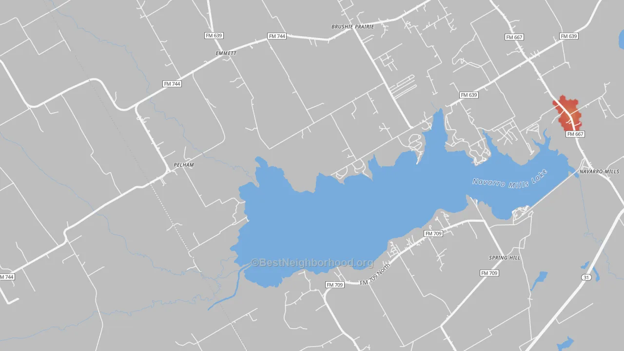 Walk Grade map of Pelham, TX, walkable areas in green and car-dependent areas in red