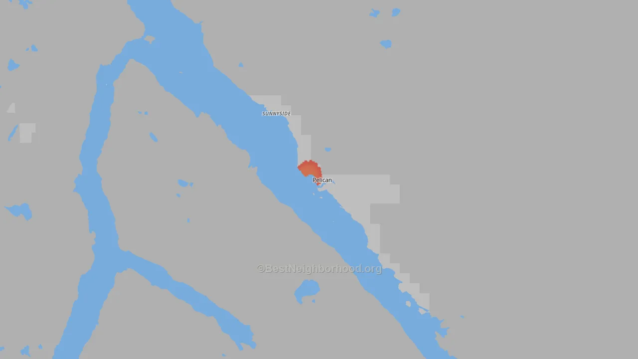Walk Grade map of Pelican, AK, walkable areas in green and car-dependent areas in red