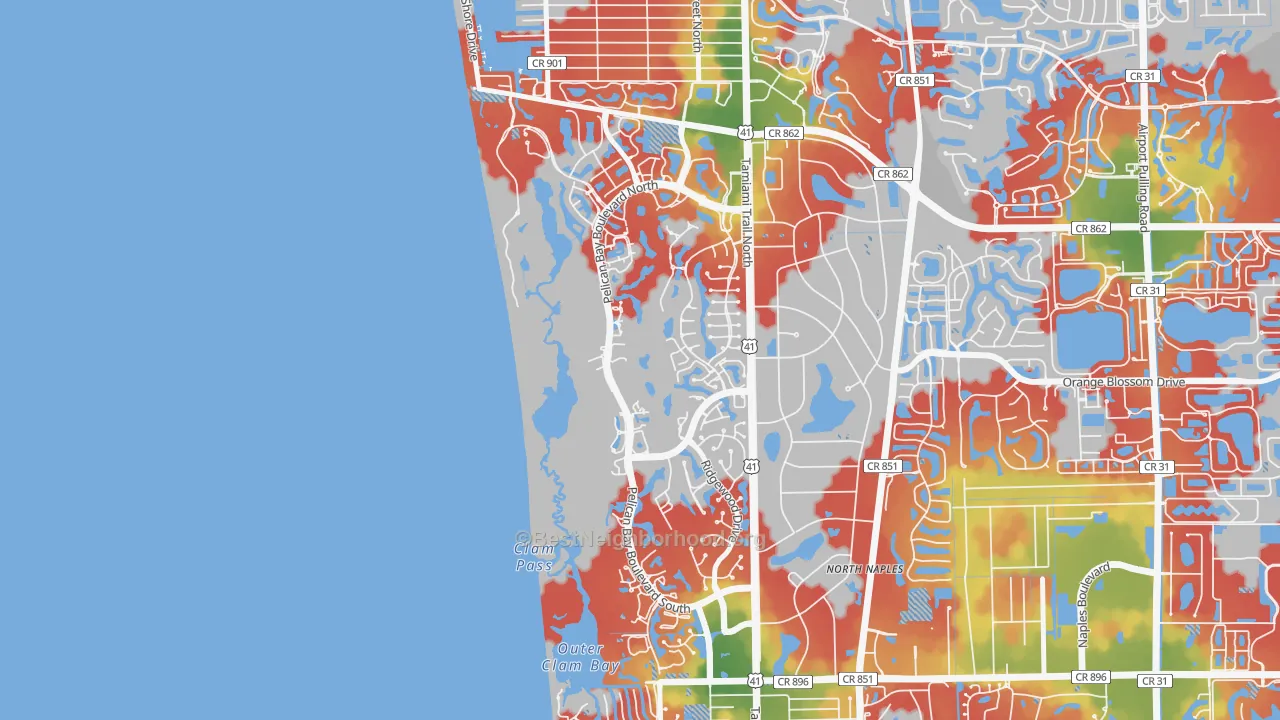 Walk Grade map of Pelican Bay, Naples, FL, walkable areas in green and car-dependent areas in red