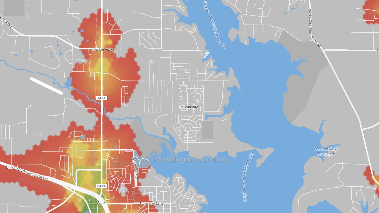 Walk Grade map of Pelican Bay, TX, walkable areas in green and car-dependent areas in red