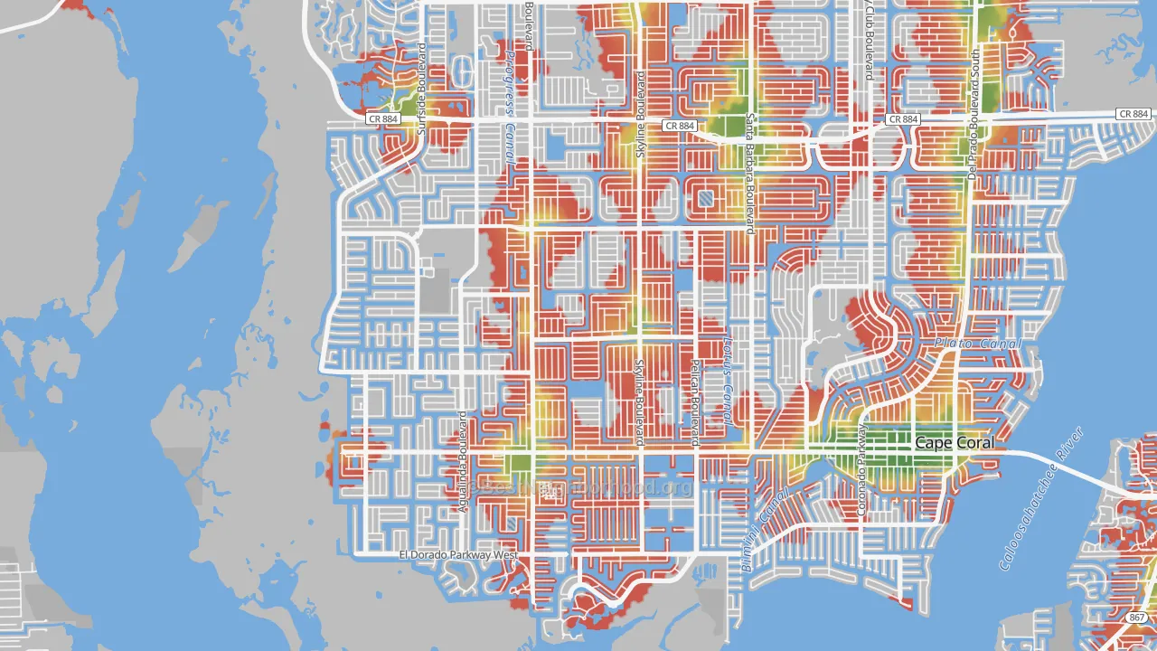 Walk Grade map of Pelican, Cape Coral, FL, walkable areas in green and car-dependent areas in red
