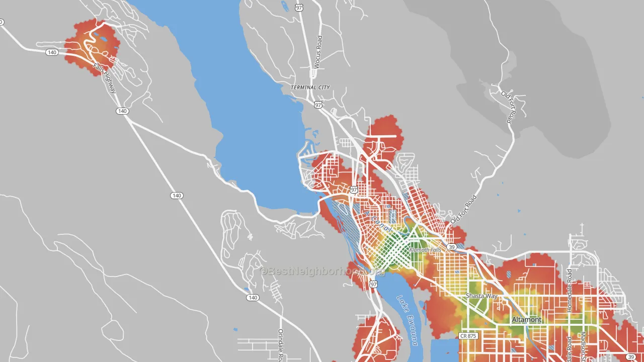 Walk Grade map of Pelican City, OR, walkable areas in green and car-dependent areas in red