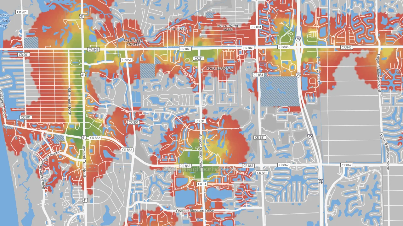 Walk Grade map of Pelican Marsh, Naples, FL, walkable areas in green and car-dependent areas in red