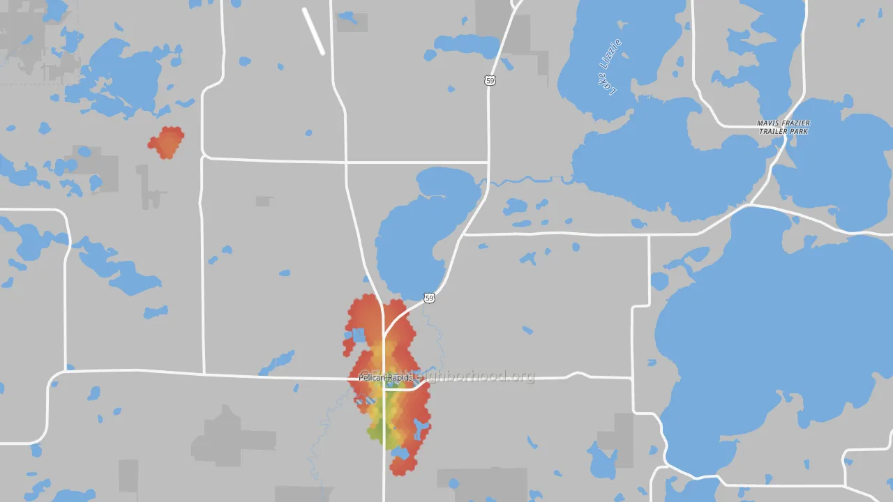 Walk Grade map of Pelican Rapids, MN, walkable areas in green and car-dependent areas in red
