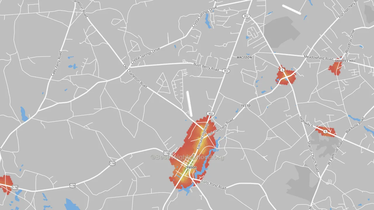 Walk Grade map of Pelion, SC, walkable areas in green and car-dependent areas in red