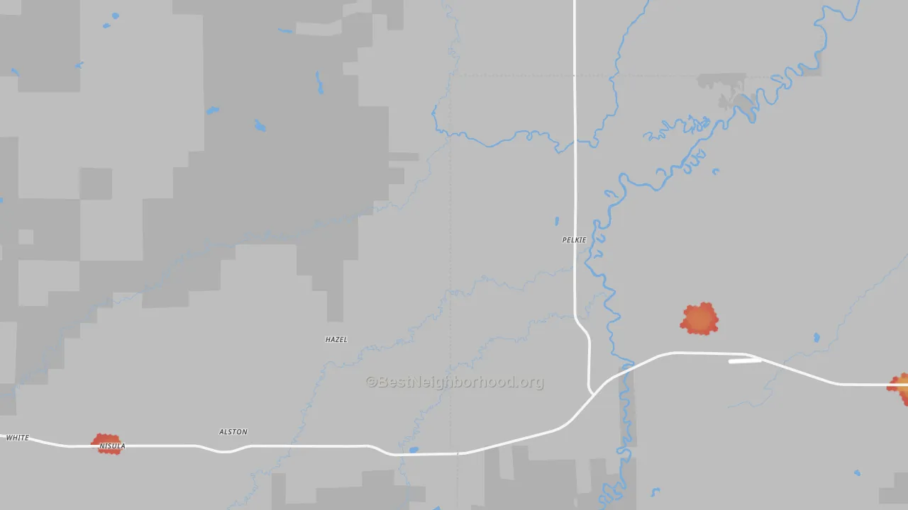 Walk Grade map of Pelkie, MI, walkable areas in green and car-dependent areas in red