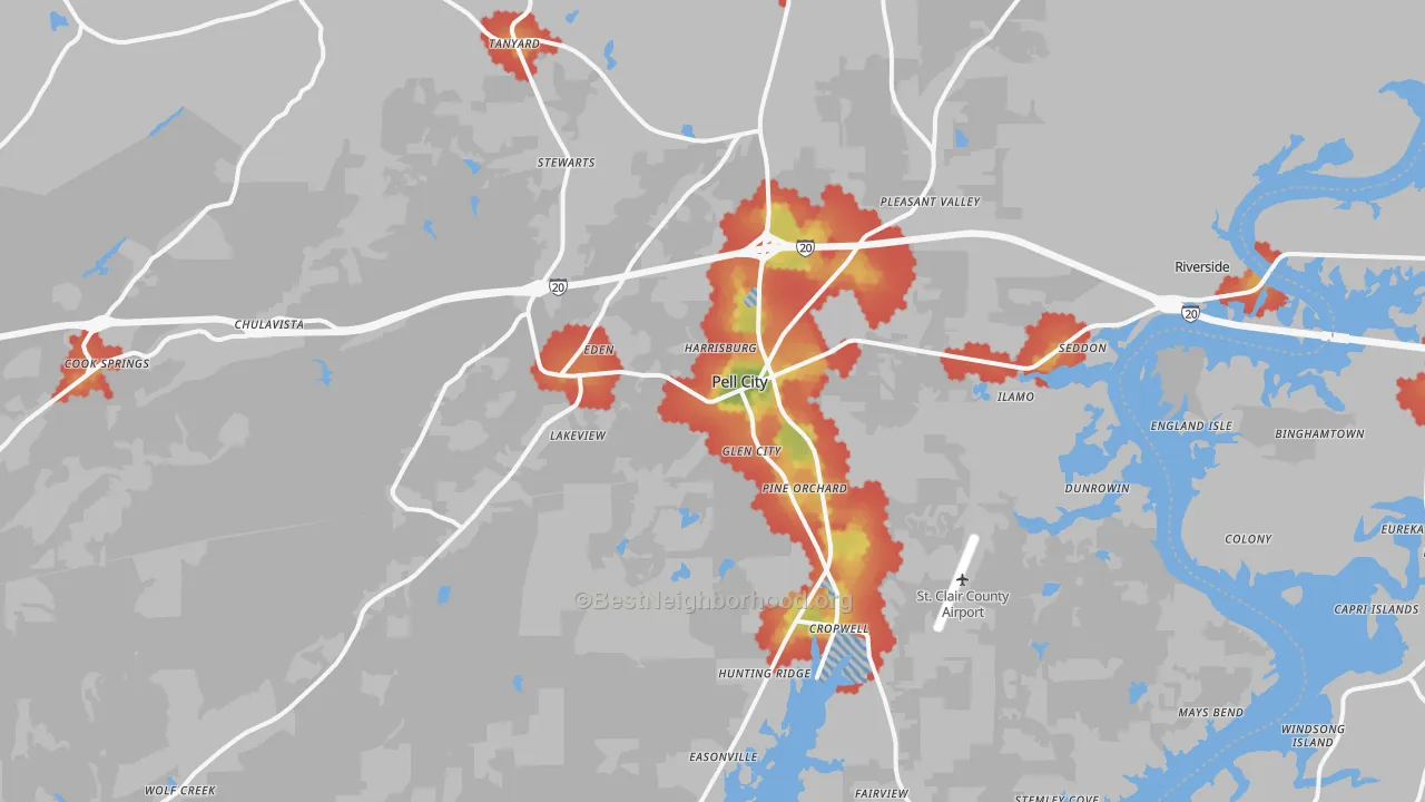 Walk Grade map of Pell City, AL, walkable areas in green and car-dependent areas in red