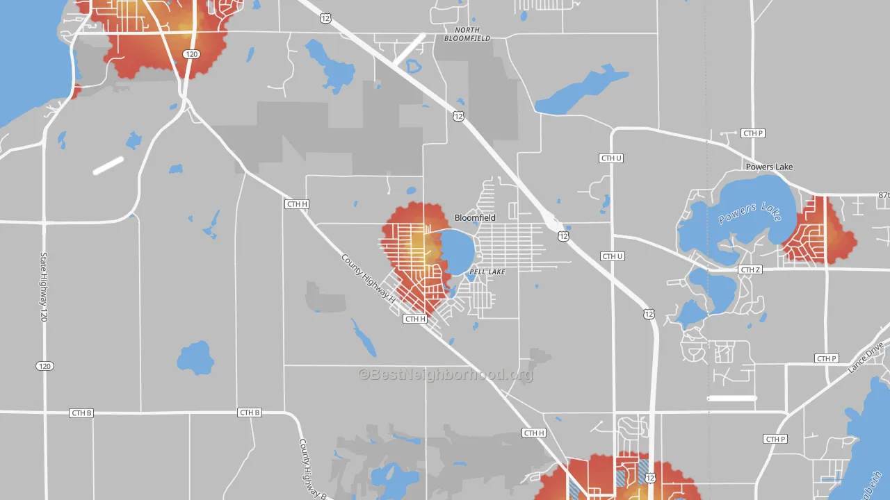Walk Grade map of Pell Lake, WI, walkable areas in green and car-dependent areas in red